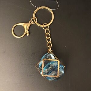 NWT Claire's Blue Gem Heart Geometric Cage Keychain Gold Tone Charm
